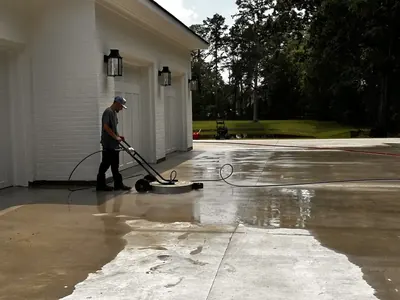 ProWash360 tech surface-cleaning the concrete driveway of a white home