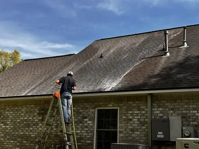 ProWash360 tech on a ladder soft washing algae streaks off a shingle roof