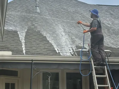 ProWash360 tech on a ladder soft washing black algae streaks off a shingle roof