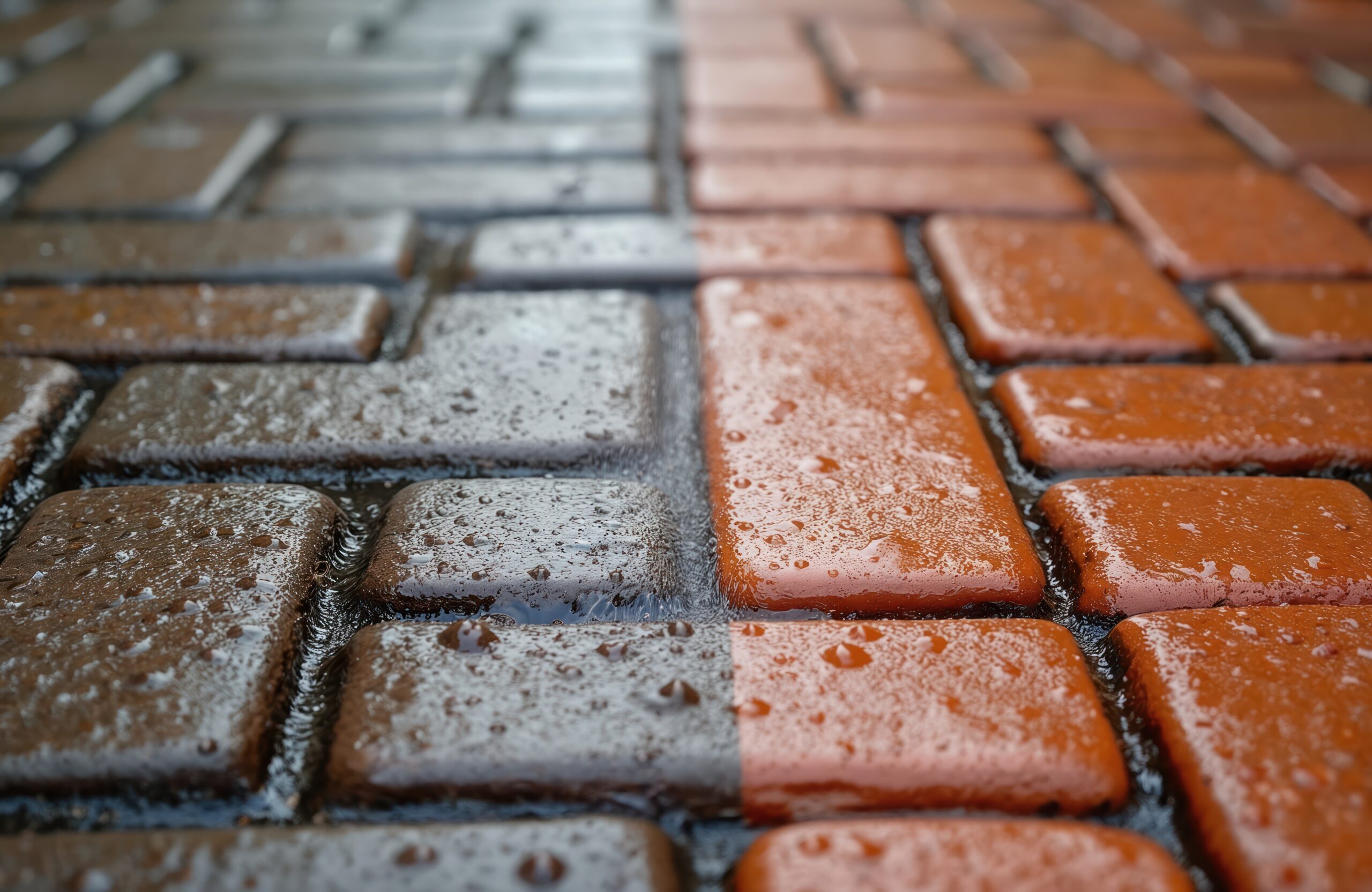 Pressurized water stream cleans aged brick pathway. The image shows before and after contrast. Wet surface, drops of water. Cleaning equipment, service, housework, professional.
